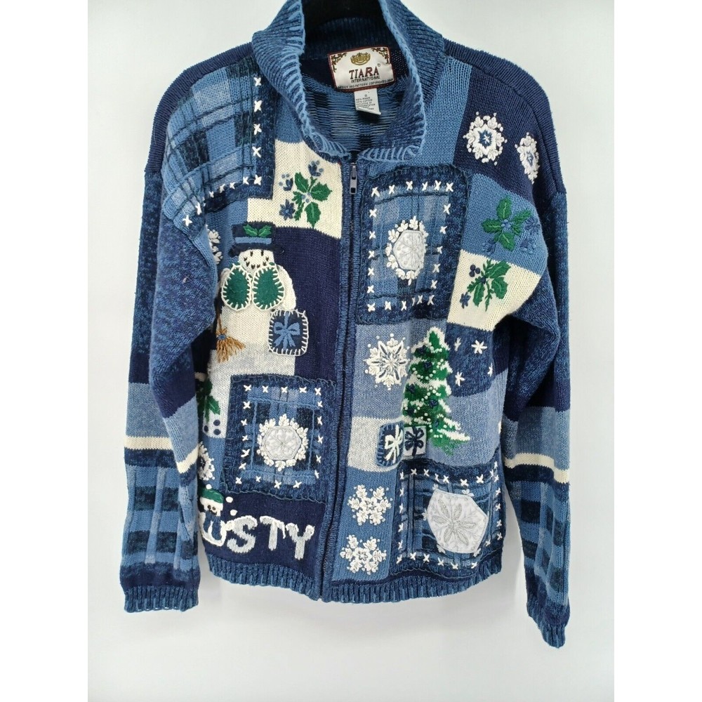 Tiara Ugly Christmas Sweater Womens Small Blue Knitted Frosty International VTG.